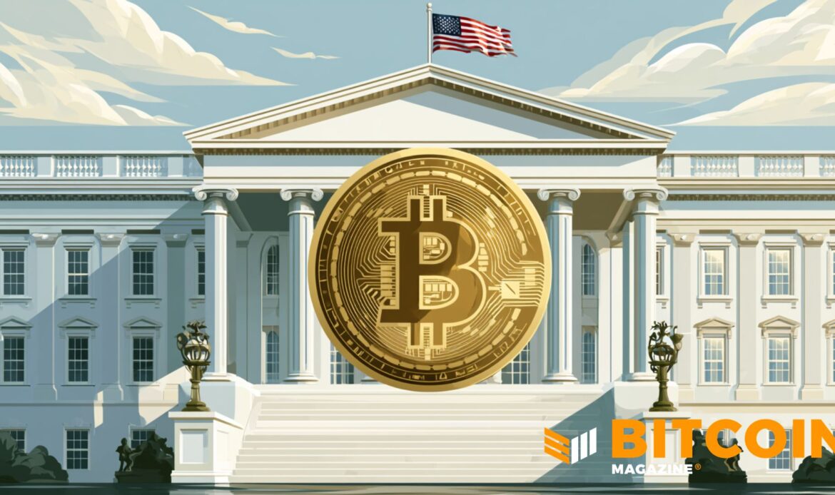 A giant golden Bitcoin coin sitting prominently on the front steps of the White House building with a flying American flag.