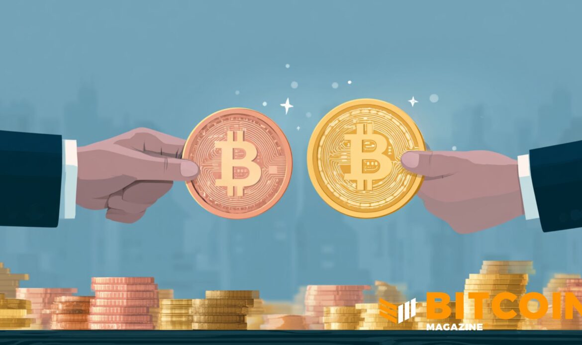 A vector illustration showing hands holding two large physical Bitcoin tokens, one bronze and one gold, against a light blue backdrop with subtle sparkles.