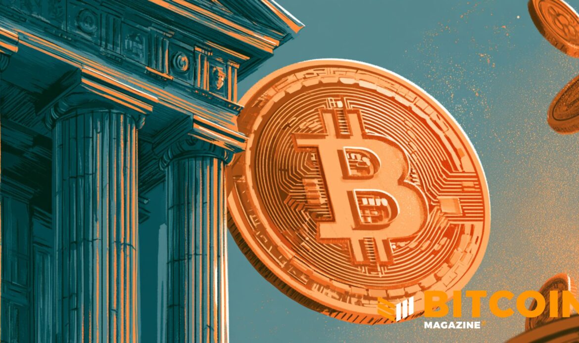 Large Bitcoin coin in front of a traditional financial building
