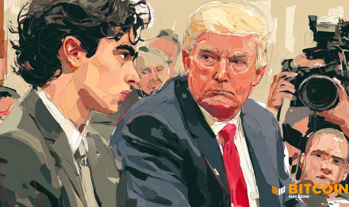 Donald Trump painting next to Sam Bankman-Fried profile art.