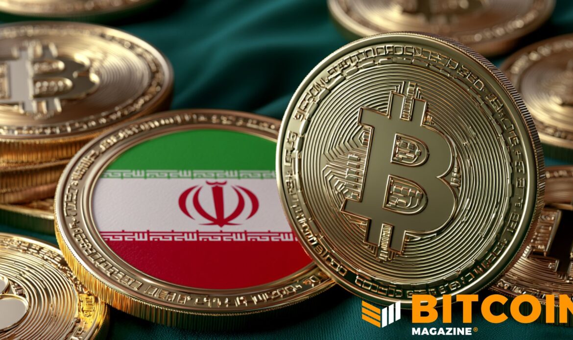 Golden Bitcoin coin next to the national flag of Iran inside a polished metallic frame.