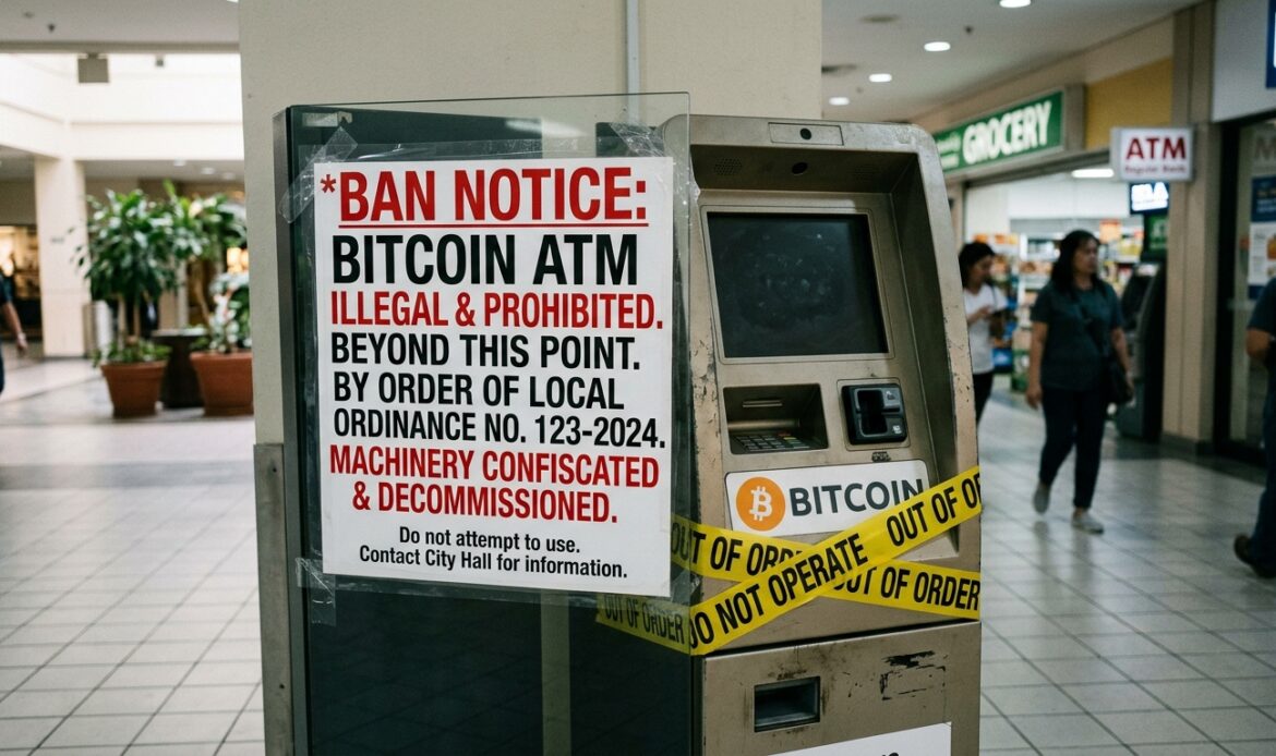 A physical Bitcoin ATM in a shopping mall wrapped in yellow out of order tape with a large printed local ban notice sign taped to it.