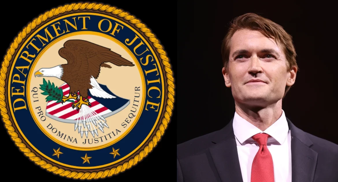U.S. Department of Justice seal alongside a public speaker