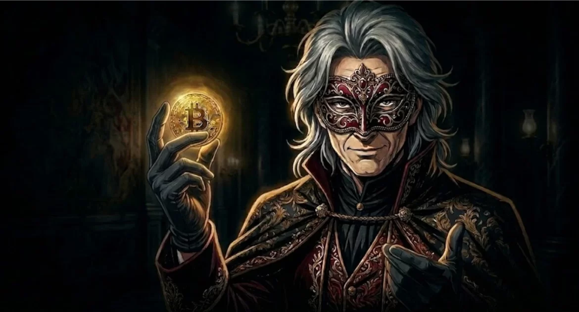 Ornate masked man holding a glowing Bitcoin currency symbol in a dimly lit, classical room setting.