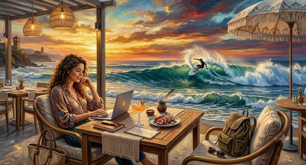 Person working remotely with an ocean view and digital workspace