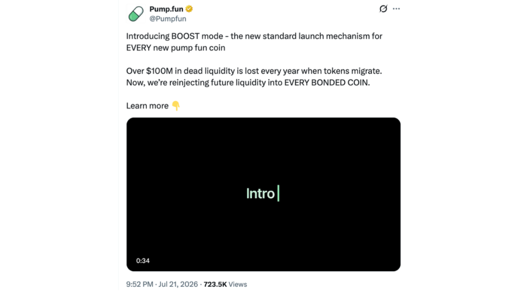 Pump.fun launches BOOST mode to recycle dead liquidity through token burns (Source: X)