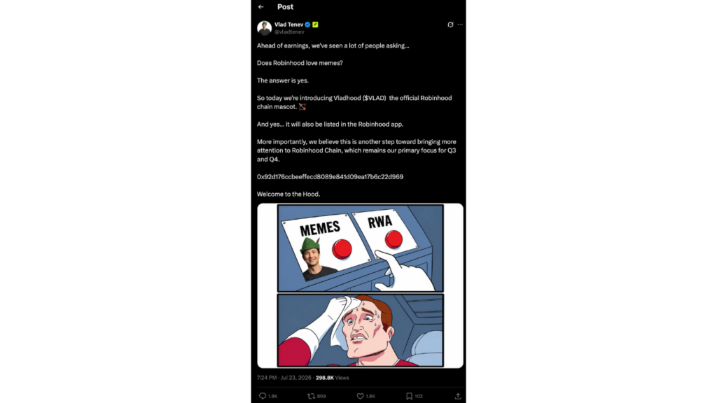 The deleted X post from Val Tenev's hacked account. (Source: X)
